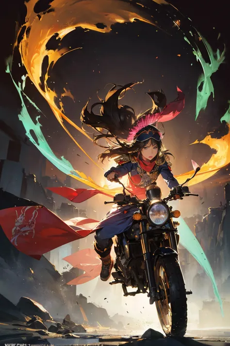 ,anime girl in military uniform riding motorcycle with hat, guviz, author：yoshihiko wada, inspired by masamune shirow, dieselpun...