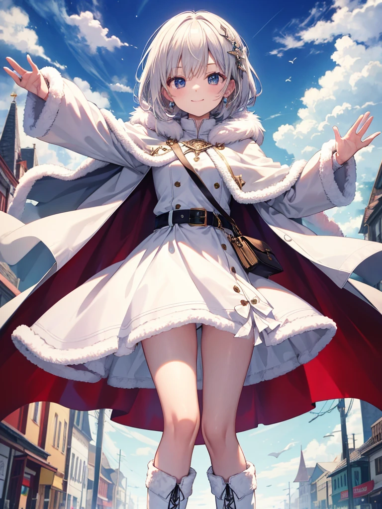 Raise your arms,smile,surely_Overgra,puppet, Cape, dress, short dress, Long sleeve, jewelry, boots, belt, white Cape, White footwear, Shoulder bag, Fur trim,town,it&#39;s snowing,On the snow, (masterpiece, Highest quality, Very detailed, Best Shadow)