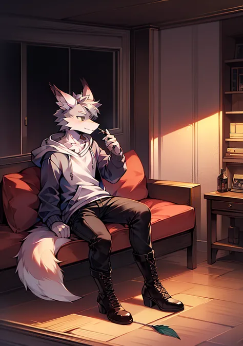 gray hair,alone,sitting,handsome face,whole body,beastman,fox,dragon,shota,dragon feather,hoodie,pants,lace-up long boots,stilet...