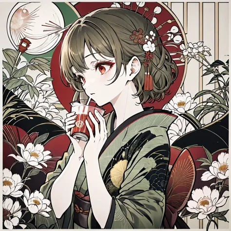 Highest quality, Tabletop】 [girl, kimono, Red eyes, profile, Wavy short hair, Brown Hair, Upper Body] (moon, Greenish foliage), ...