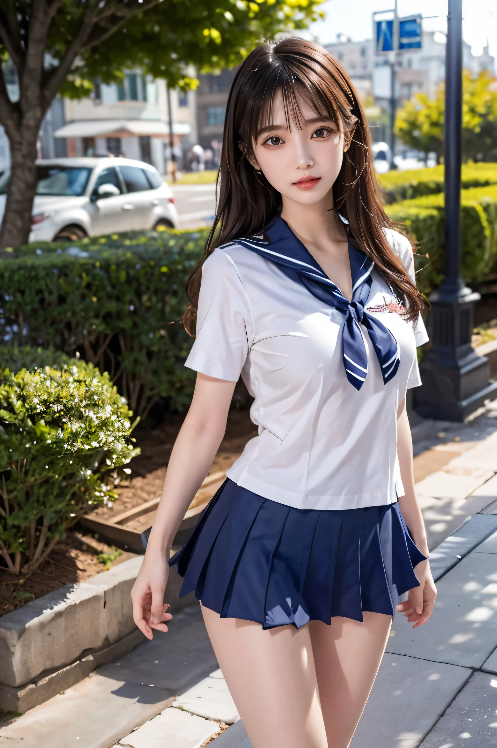 (ultra HD), (Sailor suit, White short sleeve shirt, Navy blue mini skirt, Tight fit), Big Breasts, Cleavage, Slender, whole body, Standing posture, (Clean and shiny skin, Whitening, No makeup), (超Slenderな顔立ち, Super beautiful face, Delicate face), (long hair, Layered Cut, Fluffy hair,light brown), (Patchy double eyelids, Slanted Eyes), Small Nose, Thin lips, Thin legs, bustling street