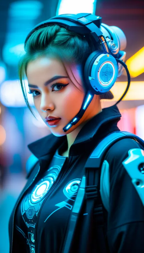 Close-up of a (((Cybernetic girl))) adorned with robotiec elements, blending seamlessly into a cyberpunk environment, (mysteriou...