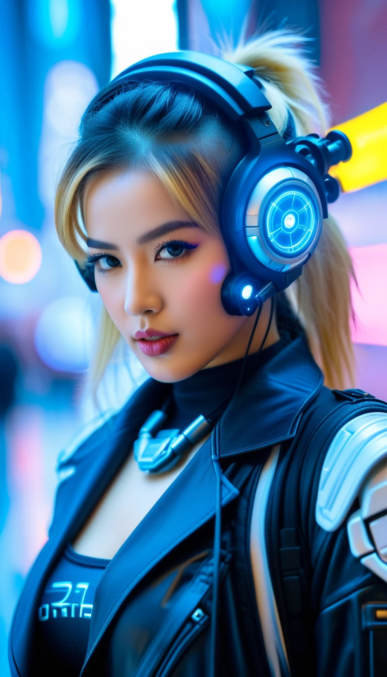 Close-up of a (((Cybernetic girl))) adorned with robotiec elements, blending seamlessly into a cyberpunk environment, (mysterious) and (brutal) ambiance, (masterpiece) of lifelive art, skull mask