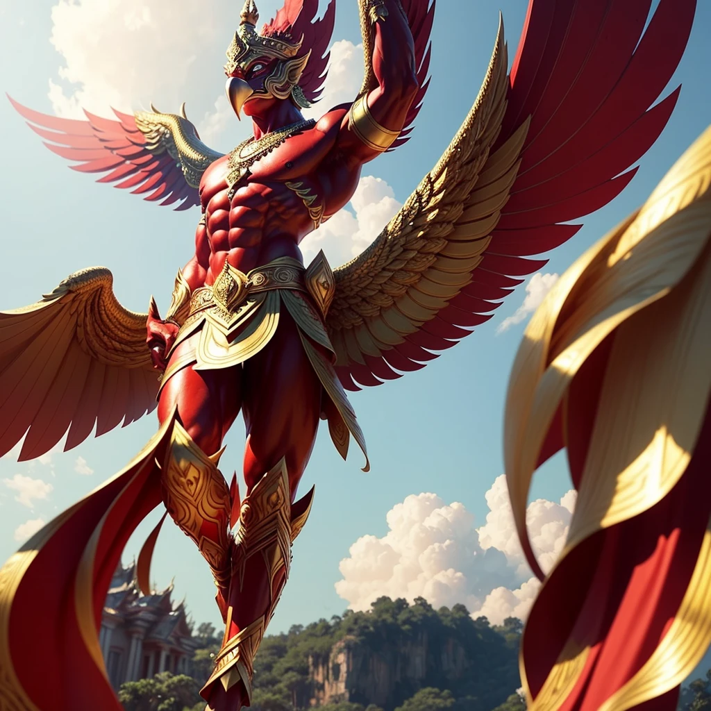 Garuda, a male anthropomorphic bird, has the appearance of a bird. The head and appearance are that of a bird. Has a bird's head, red feathers, red eye details, muscular body, best anatomy, red skin, red feathers on the body. Big red wings spread out. perfect wingspan Wear jewelry made from gold with Thai designs. Gold jewelry adorned with diamonds sits on the head of a red bird. Wear a gold chain on the left and right on the chest. Wear bright red pants, Thai silk with a Thai pattern and a gold waistband. Beautiful red cloth, ancient Thai cloth, holding a sword, hands and legs having the appearance of a complete bird. perfect hands, legs, feet Standing on the grass, looking straight, standing fully, body with the most refined skin. red skin body Maximum feather detail. Red feather. Maximum eye detail. Red eye.
Maximum anatomical detail Details, cloth, accessories, Thai warrior armor, ultimate weapon Masterpiece quality The most realistic picture Maximum realism and detail The best light The best quality of light and shade World-class studio photography Best close-up view Thai temple castle backdrop made of gold, onyx, emerald, diamond, the most perfect fantasy. The background is the sky, clouds, fog. Feeling natural and realistic