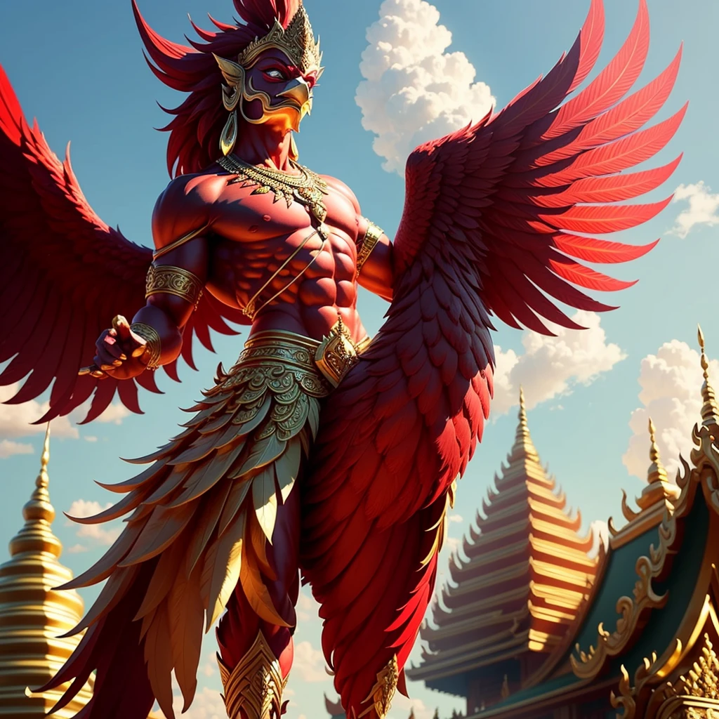 Garuda, a male anthropomorphic bird, has the appearance of a bird. The head and appearance are that of a bird. Has a bird's head, red feathers, red eye details, muscular body, best anatomy, red skin, red feathers on the body. Big red wings spread out. perfect wingspan Wear jewelry made from gold with Thai designs. Gold jewelry adorned with diamonds sits on the head of a red bird. Wear a gold chain on the left and right on the chest. Wear bright red pants, Thai silk with a Thai pattern and a gold waistband. Beautiful red cloth, ancient Thai cloth, holding a sword, hands and legs having the appearance of a complete bird. perfect hands, legs, feet Standing on the grass, looking straight, standing fully, body with the most refined skin. red skin body Maximum feather detail. Red feather. Maximum eye detail. Red eye.
Maximum anatomical detail Details, cloth, accessories, Thai warrior armor, ultimate weapon Masterpiece quality The most realistic picture Maximum realism and detail The best light The best quality of light and shade World-class studio photography Best close-up view Thai temple castle backdrop made of gold, onyx, emerald, diamond, the most perfect fantasy. The background is the sky, clouds, fog. Feeling natural and realistic