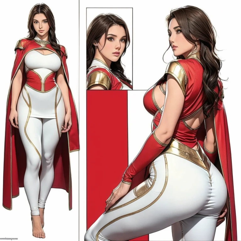 Detailed character sheet, Front view, Side view, Oblique view, with a white returnground, show women, 30 years old, with short dark brown hair combed return, 1 female warrior, Wavy Cape, long flowing hair, Swordsman Style, Light Armor, (Earth-toned long leggings), Slim figure, Toned thighs, Tight round ass, Low angle shot, From below, The seat includes different angles, Front desk etc.., return, and Side views, Model and Reference Sheets, Full body painting. The ratio is based on 7.5 Head Scale.