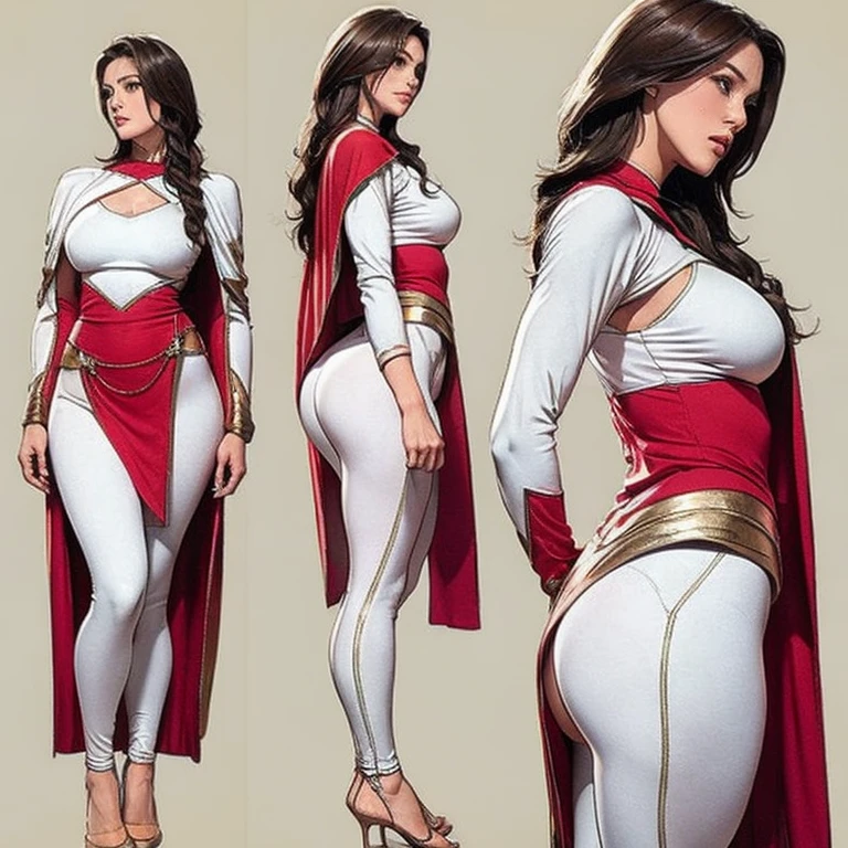 Detailed character sheet, Front view, Side view, Oblique view, with a white returnground, show women, 30 years old, with short dark brown hair combed return, 1 female warrior, Wavy Cape, long flowing hair, Swordsman Style, Light Armor, (Earth-toned long leggings), Slim figure, Toned thighs, Tight round ass, Low angle shot, From below, The seat includes different angles, Front desk etc.., return, and Side views, Model and Reference Sheets, Full body painting. The ratio is based on 7.5 Head Scale.