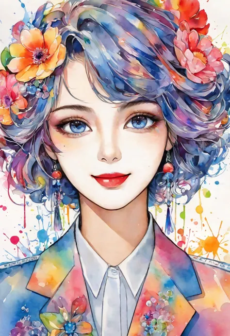 beautiful woman portrait, cute smile, sylvia pelissero watercolors, colorful flowers, beautiful eyes,  upper body, abstract art,...