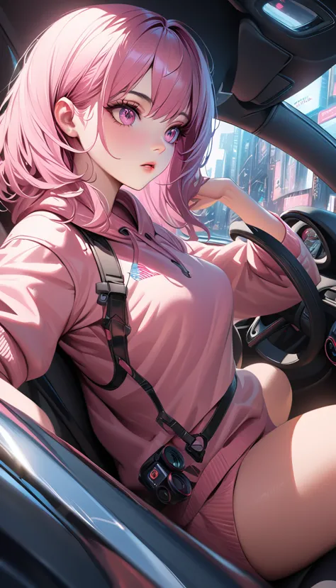 high angle photo of gorgeous young woman in cyberpunk style, realistic skin texture, look up,pink sweatshirt,posing in a car, 1 ...