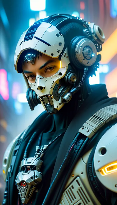 Close-up of a (((Cybernetic boy))) adorned with robotiec elements, blending seamlessly into a cyberpunk environment, (mysterious...