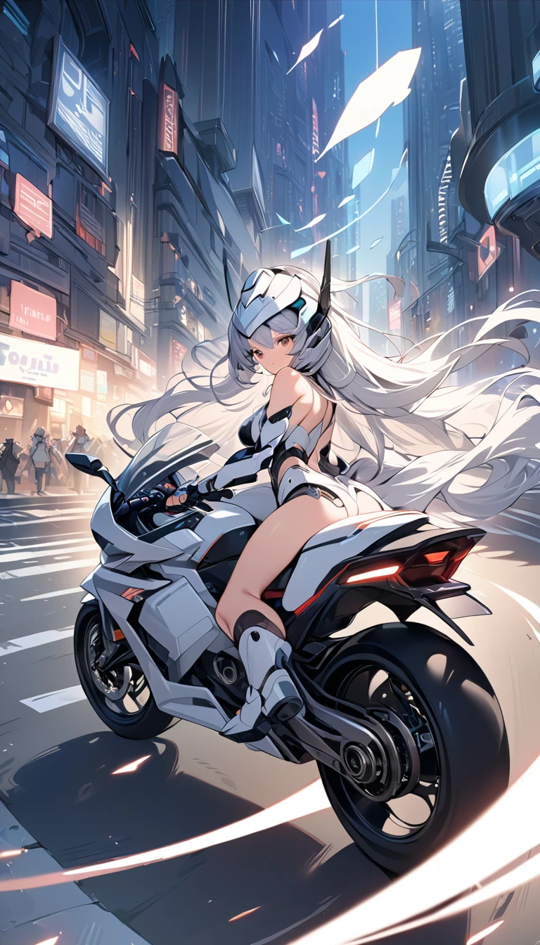 Best image quality, Excellent details, Ultra-high resolution, (Faithfulness: 1.4), Best illustrations, Favorite Details, Very condensed one girl, Delicate and beautiful features, Wearing a black and white mech, Wearing a mecha helmet, Hold the directional controller, Riding on motorcycle, The background is a futuristic city high tech lighting scene.