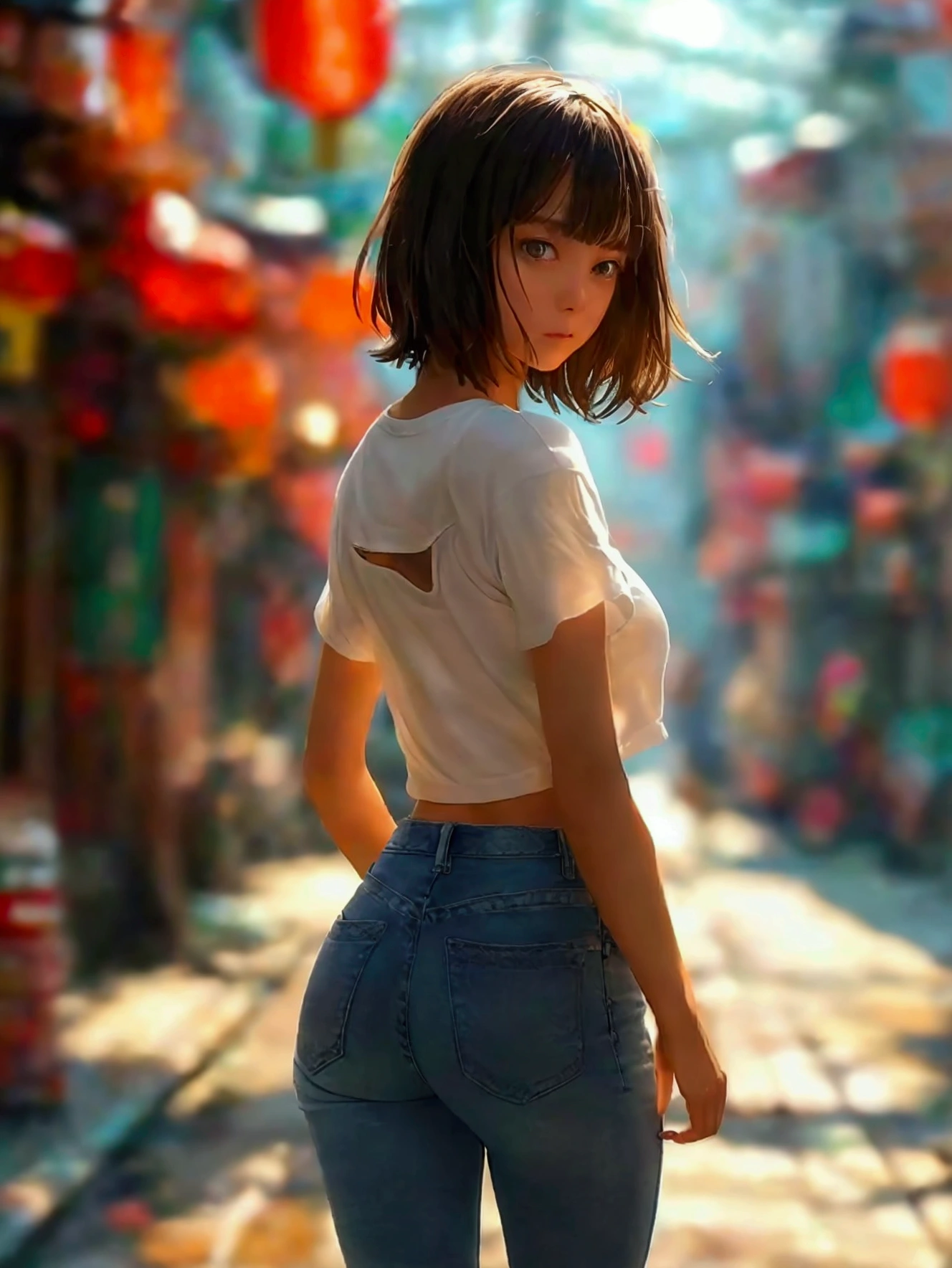 Tight white short-sleeved T-shirt showing the navel、(Slim Damaged Jeans)、sneakers、1 slender girl、Bob Hair、Brown Hair、Medium breast、Walking around town、Masterpiece 1.3、Raw photo、Masterpiece、Detailed Background、Papa Irassura:1.4、bag、