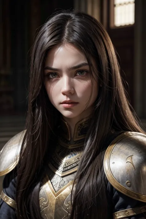 1womanl, Brunetette, blackquality hair, long hair to the floor, warrior with sword, armour, tense facial expression, 