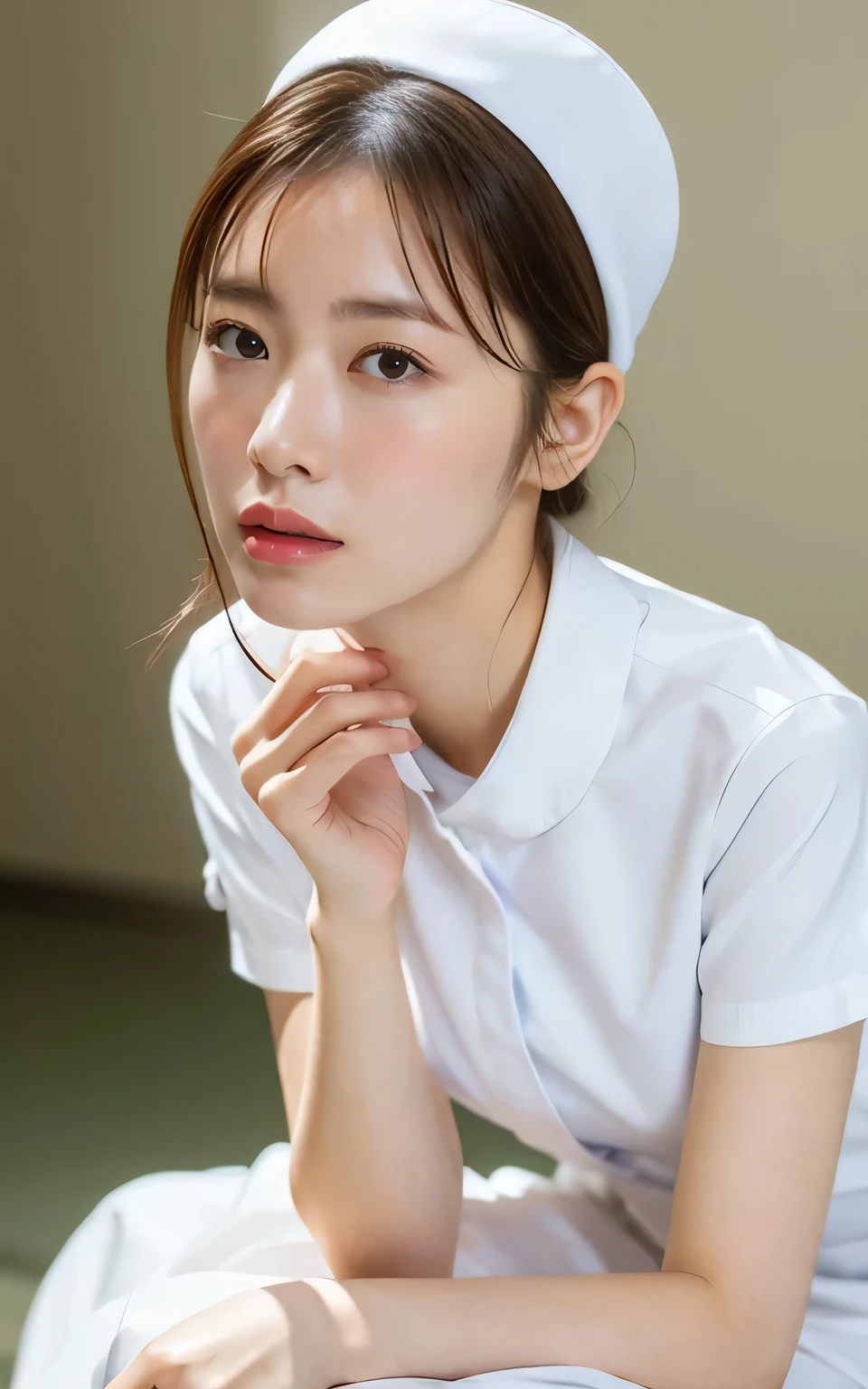 1 girl,(Wearing white nurse clothes:1.2),(RAW Photos, Highest quality), (Realistic, photo-Realistic:1.4), masterpiece, Very delicate and beautiful, Very detailed, 2k wallpaper, wonderful, finely, Very detailed CG unity 8k wallpaper, Very detailedな, High resolution, Soft Light, Beautiful detailed girl, Very detailed eyes and face, Beautiful and detailed nose, finely beautiful eyes, nurse, Perfect Anatomy, Black Hair, Upstyle, nurse uniform, ((nurse cap)), Long skirt, nurse, White costume, thin, hospital, clear, White Uniform, hospital room, Neck auscultation,Close your face,