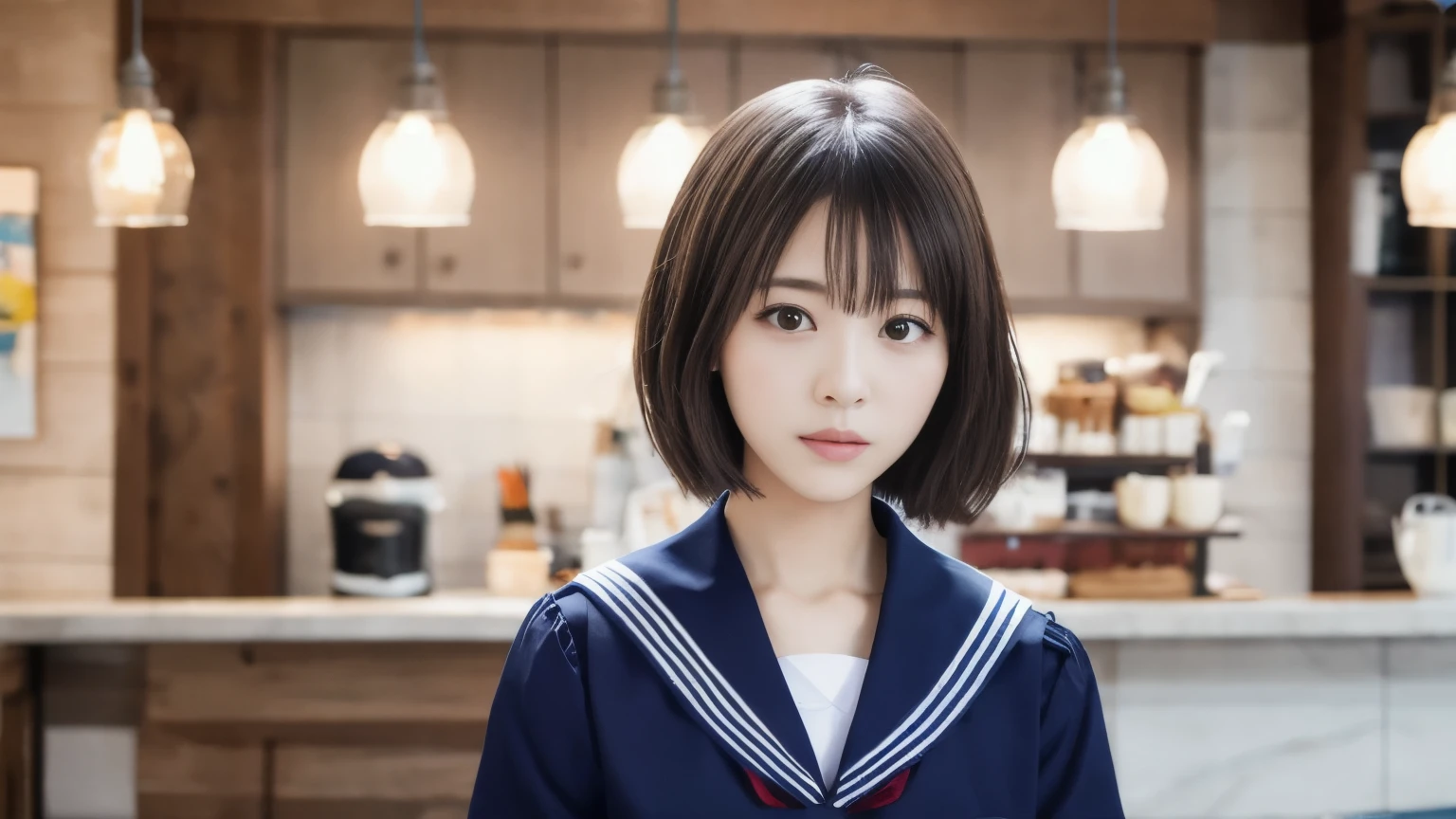 One Girl, (Highest quality:1.4), (Very detailed), (Very detailed美しい顔), 爽やかな日本のSailor suit, Great face and eyes, iris,Medium Hair, Black Hair, (Sailor suit, school uniform:1.2), (Inside the cafe), Smooth, Very detailed CG 統合 8k 壁紙, High-resolution RAW color photos, Professional photography, Light, BackLight, dream-like, impressive, Written boundary depth, Inside the cafeで撮影