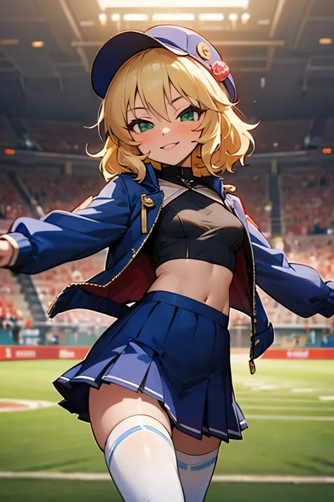 masterpiece,best quality, ultra-detailed,1girl(sakurai momoka, lovely small breasts, glow skin, short hair, blonde hair,green eyes),smile, glow lips, nose blush, blush, facing viewer, looking at viewer, solo, blue jacket, underboob , breasts , navel, blue pleats skirt, ultra mini skirt, baseball cap, white  thighhighs, field, standing, Sexy waist teasing, spread arms 
