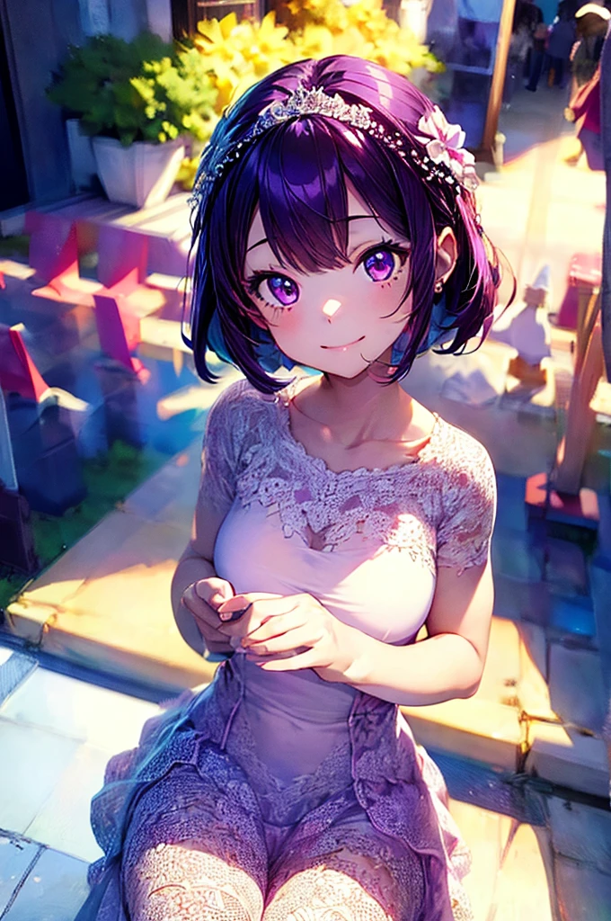 masterpiece、high detail girl（（solo、Beautiful girl、dress、Hair accessories with attention to detail、Hair is tied））、Purple Hair、good、Short Bob、Transcendent smile、smile、background((Awesome wedding))、Shining Flower Field、Diamond Flower、Precious stones