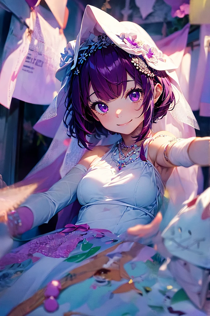 masterpiece、high detail girl（（solo、Beautiful girl、dress、Hair accessories with attention to detail、Hair is tied））、Purple Hair、good、Short Bob、Transcendent smile、smile、background((Awesome wedding))、Shining Flower Field、Diamond Flower、Precious stones