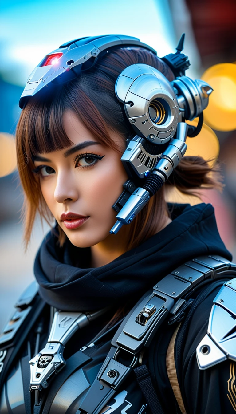 Close-up of a very beautiful girl adorned with robotiec elements, cyberpunk environment, (mysterious) and (brutal) ambiance, mechanized military helmet detail, skull mask.
Photo taken with Canon EOS R5 85mm f/11 Camera, ((sharp)) mode of people and surrounding scenery. Image quality ((8K)), ((lifelike)), ((masterpiece)), ((sharp and highest contrast)), ((great depth of field)), ((light stereolithography)).