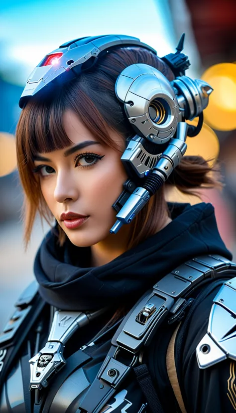 Close-up of a very beautiful girl adorned with robotiec elements, cyberpunk environment, (mysterious) and (brutal) ambiance, mec...