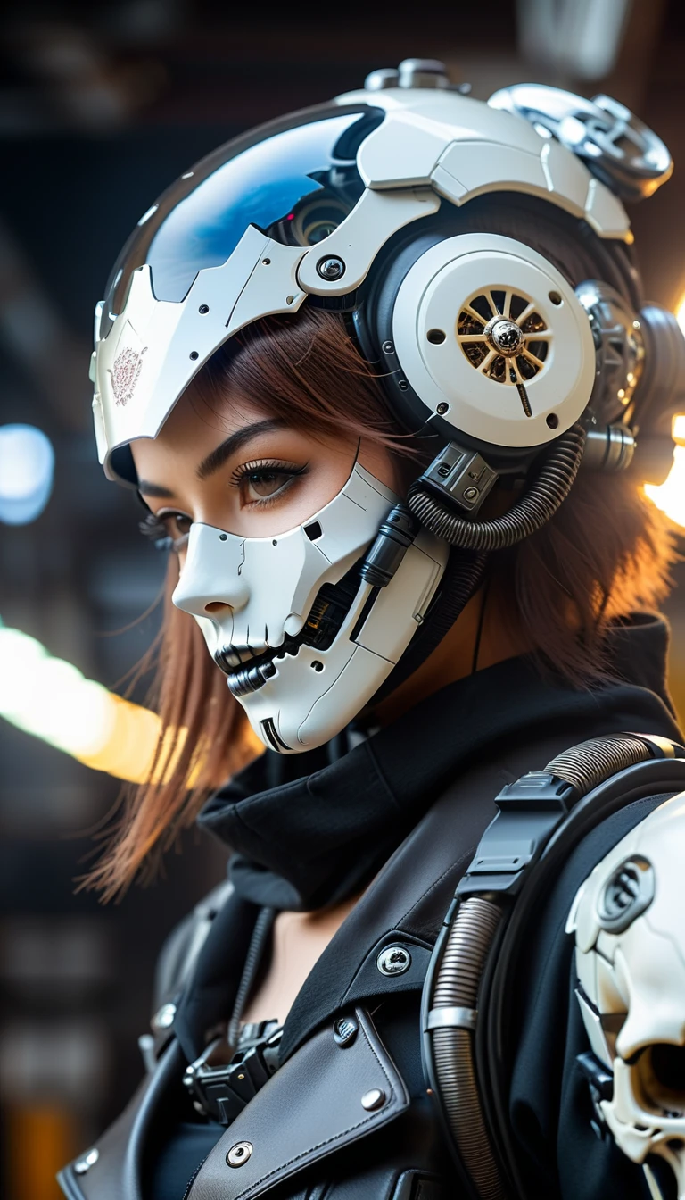 Close-up of a very beautiful girl adorned with robotiec elements, cyberpunk environment, (mysterious) and (brutal) ambiance, mechanized military helmet detail, skull mask.
Photo taken with Canon EOS R5 85mm f/11 Camera, ((sharp)) mode of people and surrounding scenery. Image quality ((8K)), ((lifelike)), ((masterpiece)), ((sharp and highest contrast)), ((great depth of field)), ((light stereolithography)).