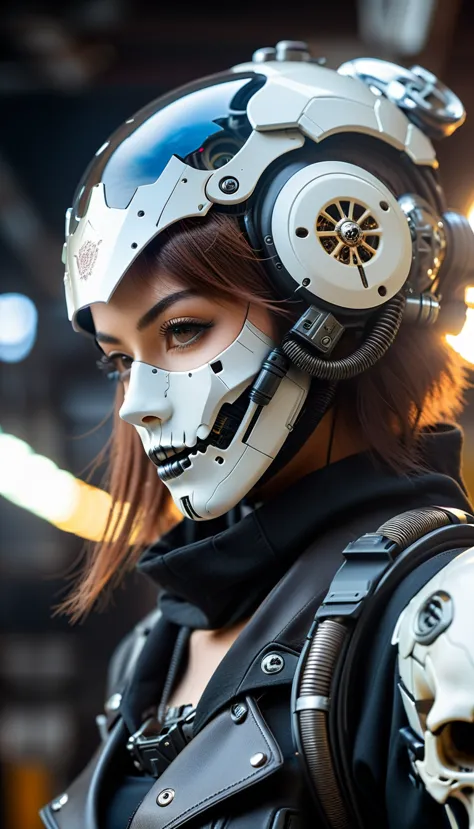 Close-up of a very beautiful girl adorned with robotiec elements, cyberpunk environment, (mysterious) and (brutal) ambiance, mec...