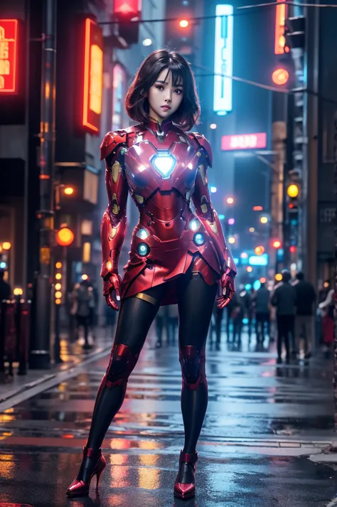 Beautiful Iron Man，Full body portrait，Wear a short skirt，Black pantyhose，Wearing high heels，Cyberpunk，Night，Hyperrealism，Neon St...