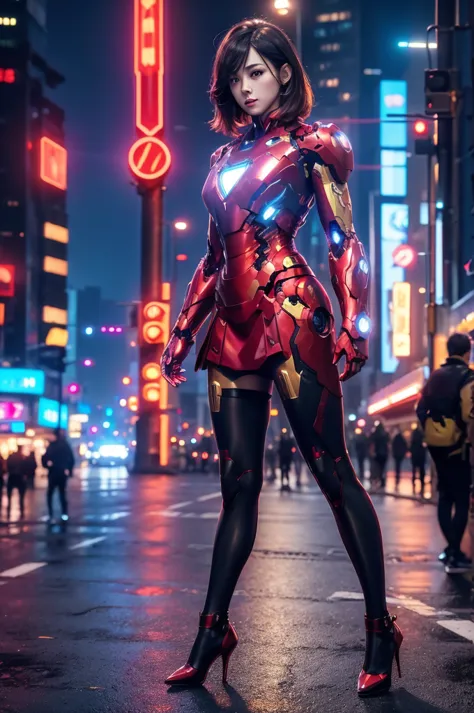 Beautiful Iron Man，Full body portrait，Wear a short skirt，Black pantyhose，Wearing high heels，Cyberpunk，Night，Hyperrealism，Neon St...