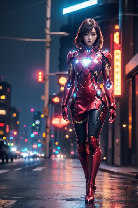 Beautiful Iron Man，Full body portrait，Wear a short skirt，Black pantyhose，Wearing high heels，Cyberpunk，Night，Hyperrealism，Neon St...