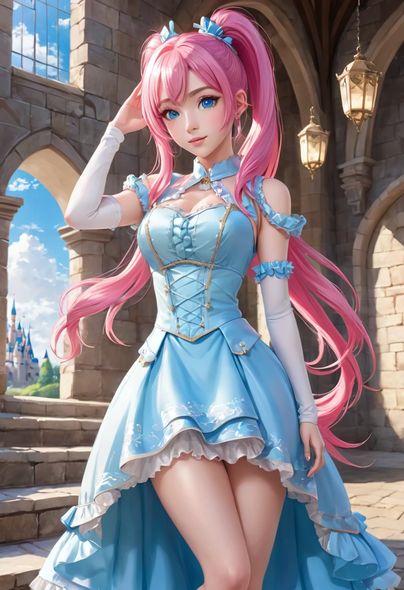 1 female　Pink Hair　Pink eyebrows　Light blue eyes　ponytail　Social Dress　Inside the castle　Idol Pose