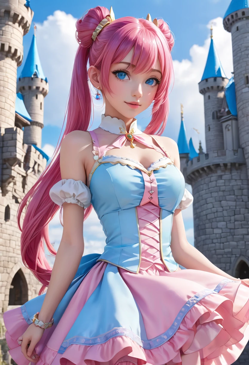 1 female　Pink Hair　Pink eyebrows　Light blue eyes　ponytail　Social Dress　Inside the castle　Idol Pose