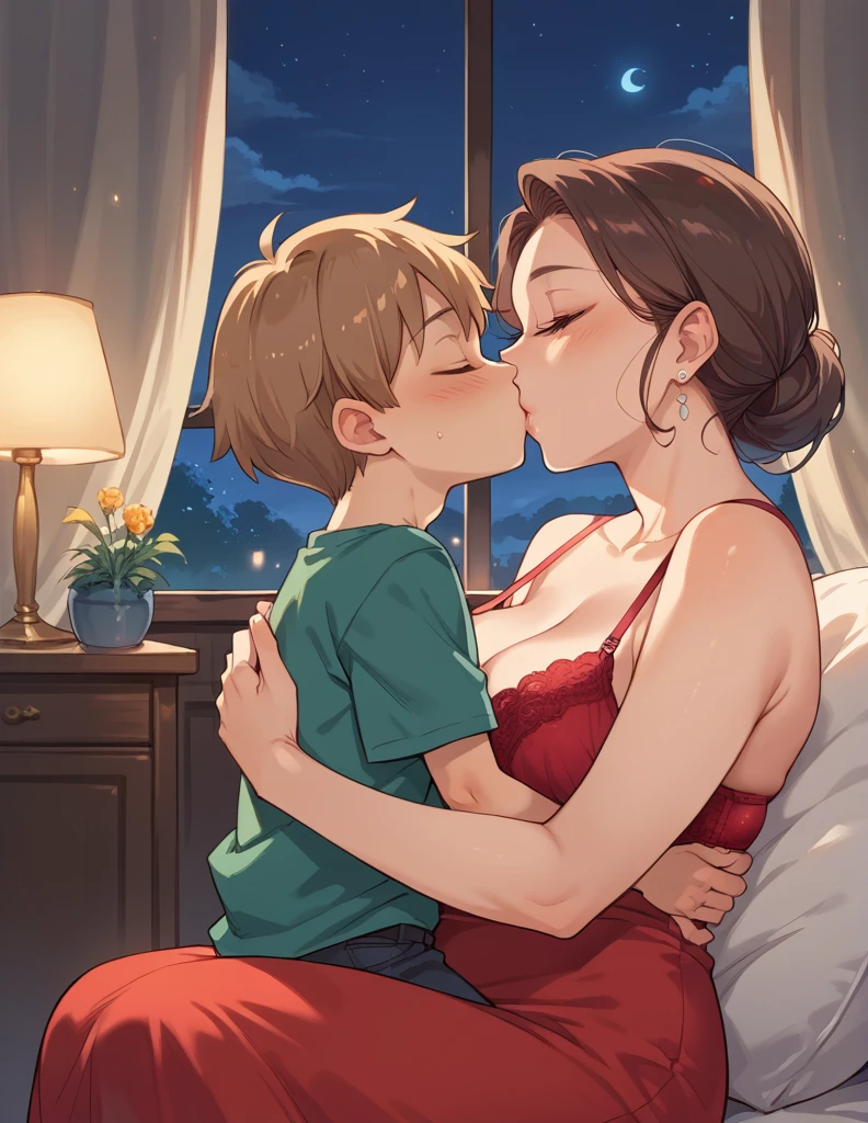 score_9, score_8_up, score_7_up, source_anime, 1boy, 1girl, mature female in a sexy red midi dress, bra strap,  mother and son, kid, kissing , romantic, night time