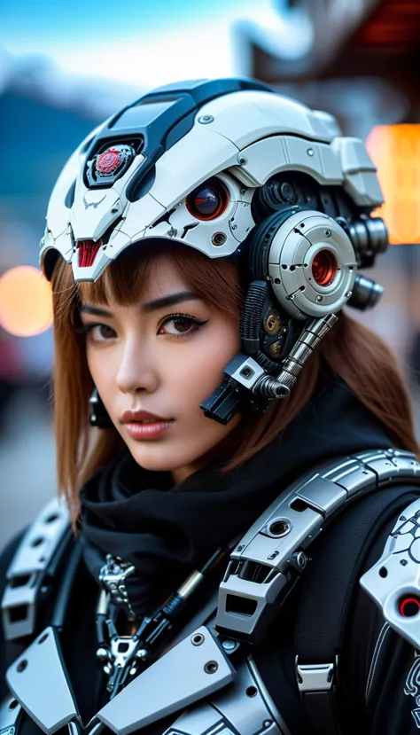 Close-up of a very beautiful girl adorned with robotiec elements, cyberpunk environment, (mysterious) and (brutal) ambiance, mec...