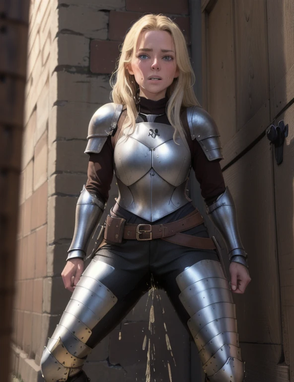 best quality, 8k high resolution, blonde dutch girl, 20 years old, blue eyes, european face, sporty statue, dungeons and dragons, pees her pants in fear, standing in front of a dragon lair, light leather armor, peeing her light brown leather breeches, peestained breeches, visible wetness, pee running down her legs, wetness spreading on her breeches, peestained breeches, light metal chestplate