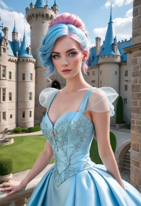 1 female　pink hair and eyebrows　light blue eyes　updo　socialite long dress　inside the castle