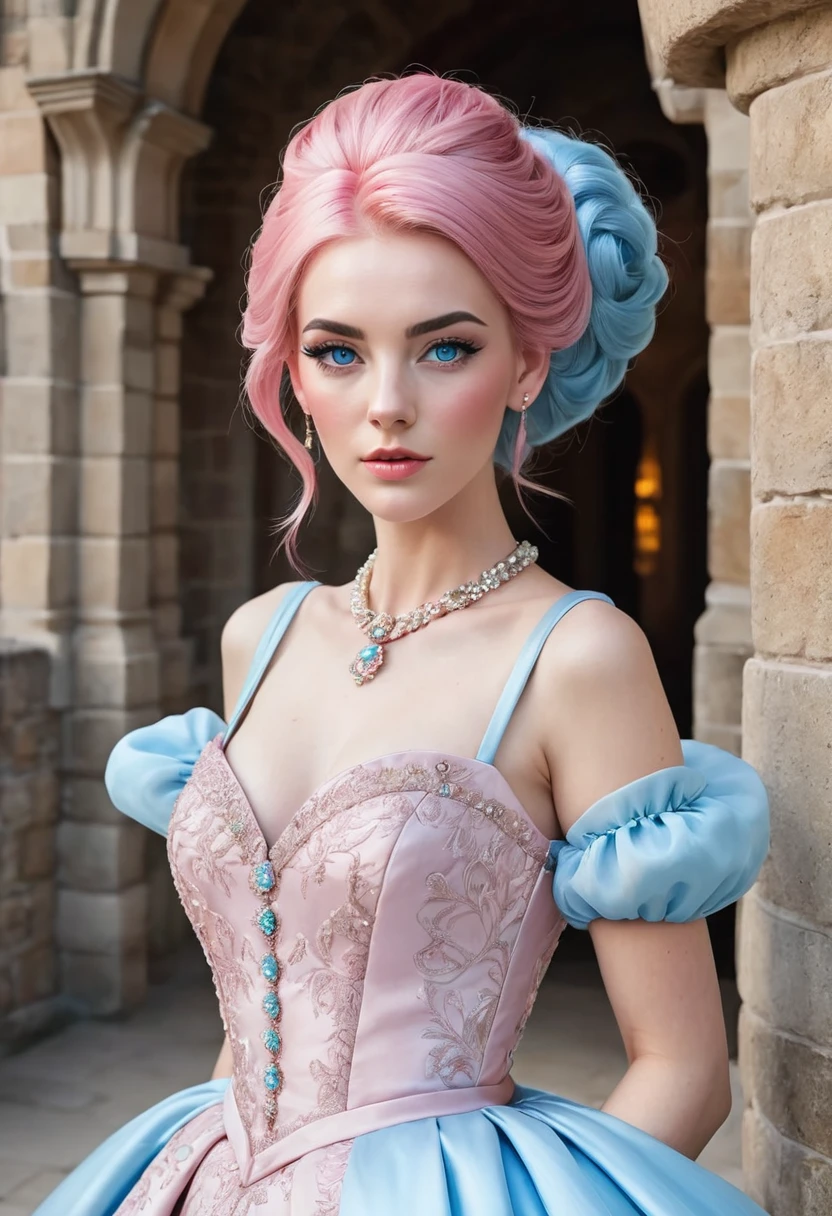 1 female　Pink hair and eyebrows　Light blue eyes　Updo　Socialite Long Dress　Inside the castle