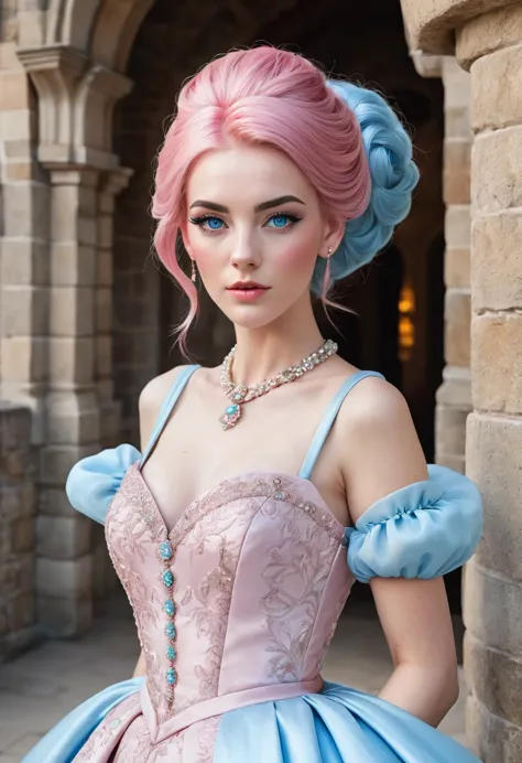 1 female　pink hair and eyebrows　light blue eyes　updo　socialite long dress　inside the castle