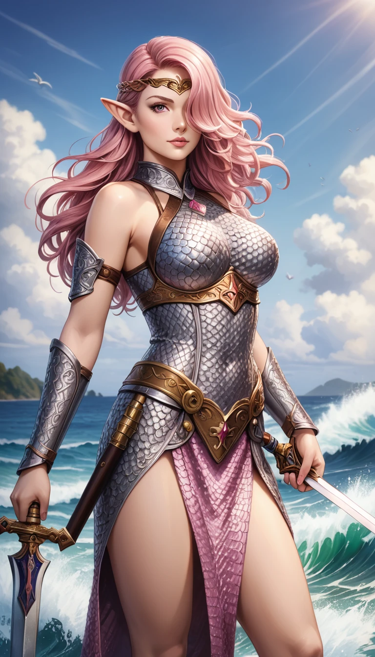 ((best quality)), ((masterpiece)), (detailed), 1girl, sexy, elf, pink hair, wave hair, shiny hair, hair over one eye, forehead protector, pointy ears, Grip the sword, hold the sword, Chainmail