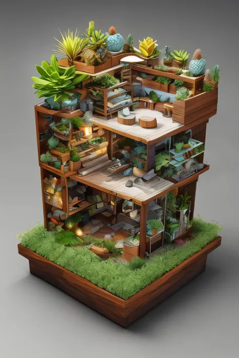 duskametric15, microworld, isometric view, microworld view of greenhouse and succulents and agaves and air plants, artstation, 8...