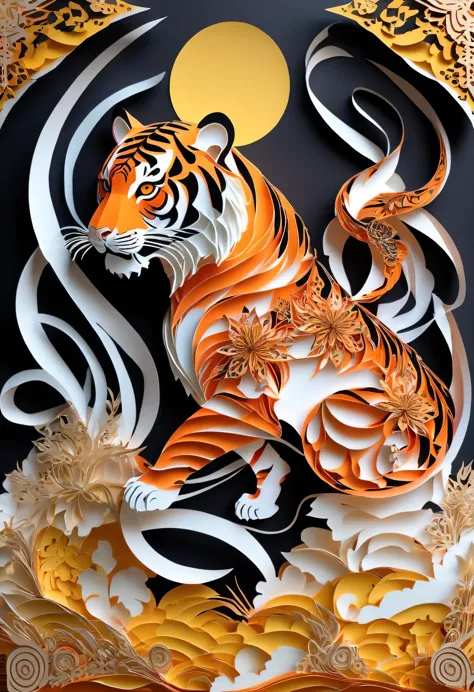 Tiger、dragon、1ドラゴンと1Tigerが睨み合っている、Paper Cut, Conrad Rosette, Breathtaking artwork Spectacular wide angle illustrations of the Matrix (Milky Irradiance:1.25) Colorful Energy, Vibrant, Very detailed,  Paper Cut、High contrast、Masterpiece