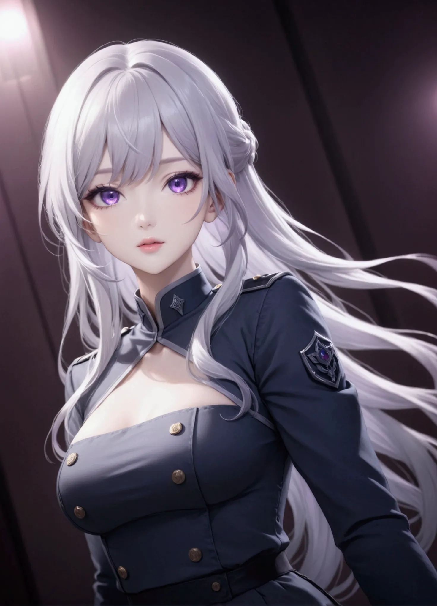 Highest quality、Delicate depiction、Beautiful woman、Silver Hair、Long Hair、Amethyst Eyes、Blue-gray military uniform、