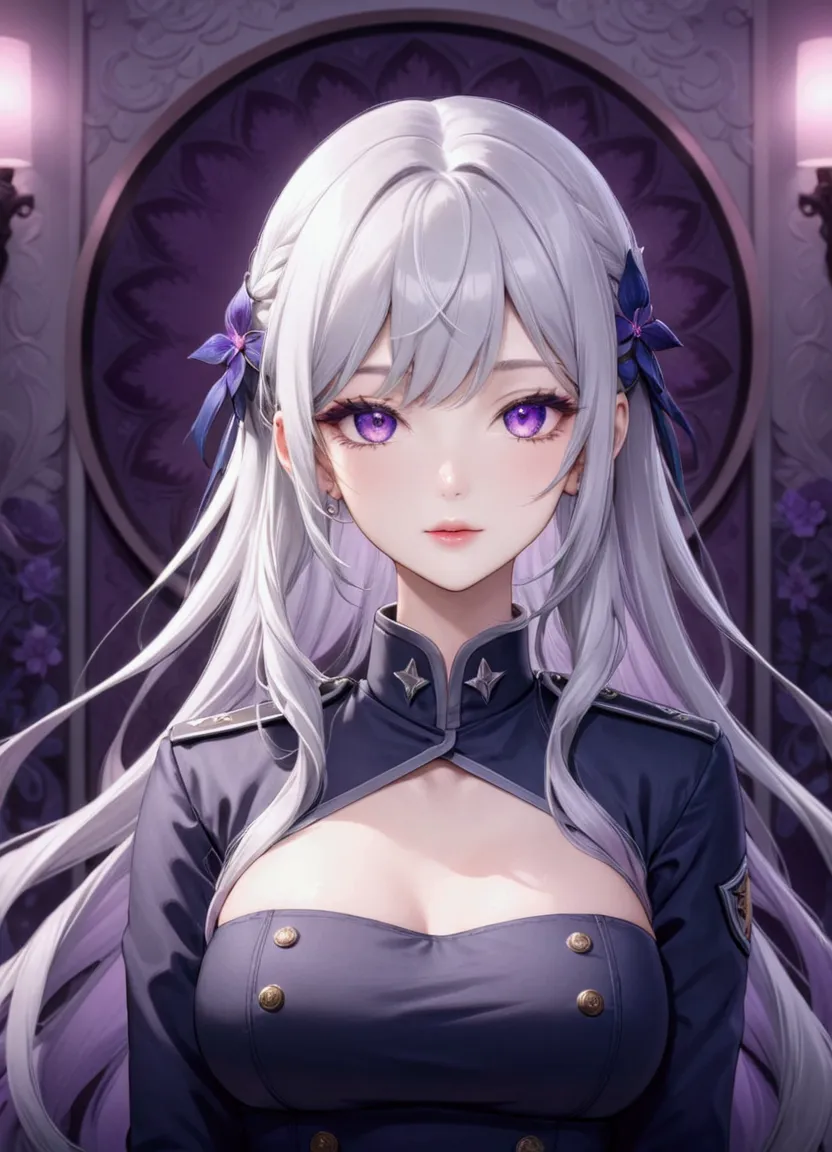 Highest quality、Delicate depiction、Beautiful woman、Silver Hair、Long Hair、Amethyst Eyes、Blue-gray military uniform、