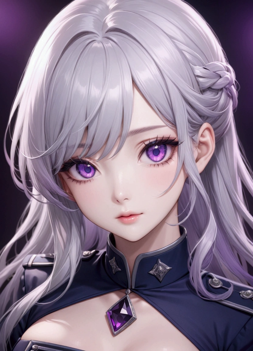 Highest quality、Delicate depiction、Beautiful woman、Silver Hair、Long Hair、Amethyst Eyes、Blue-gray military uniform、