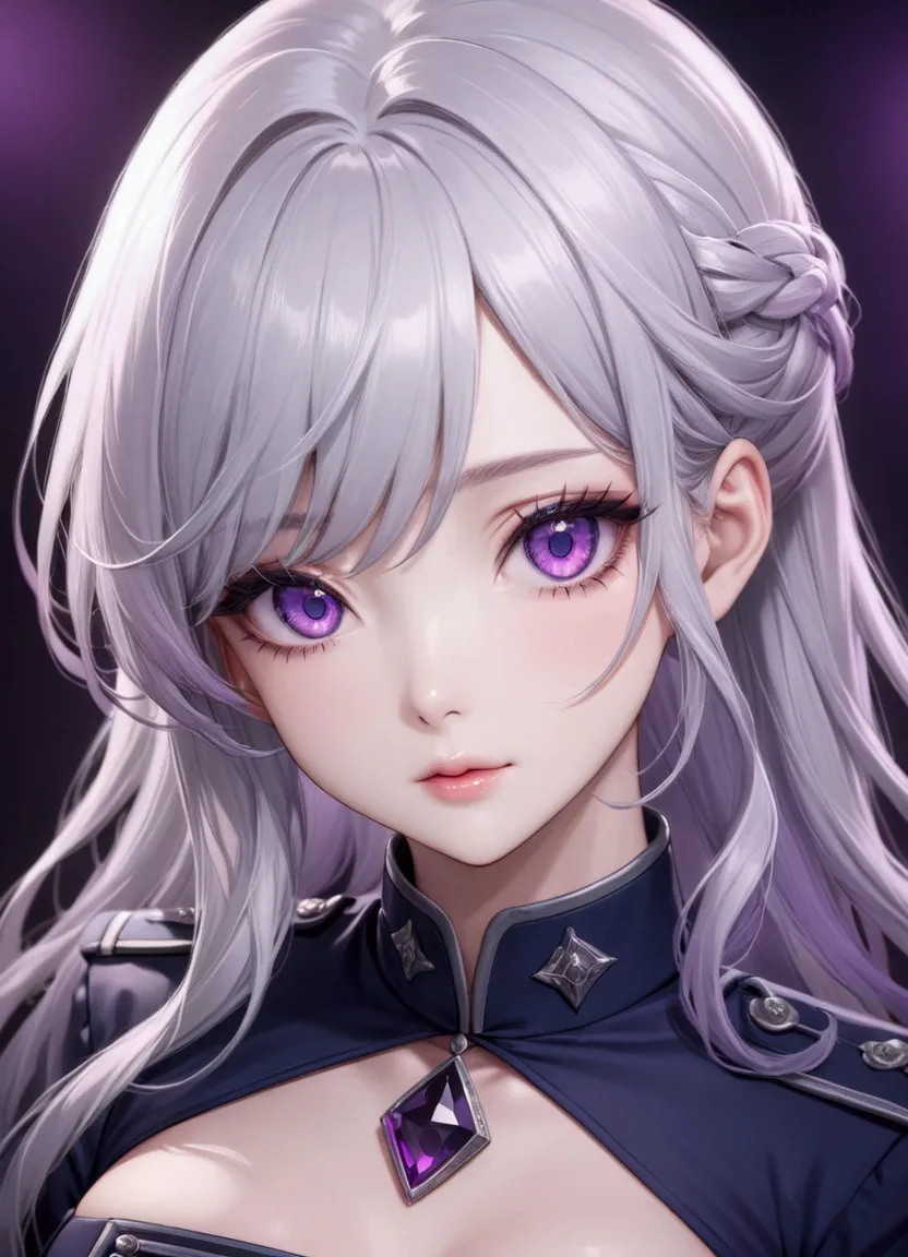 Highest quality、Delicate depiction、Beautiful woman、Silver Hair、Long Hair、Amethyst Eyes、Blue-gray military uniform、