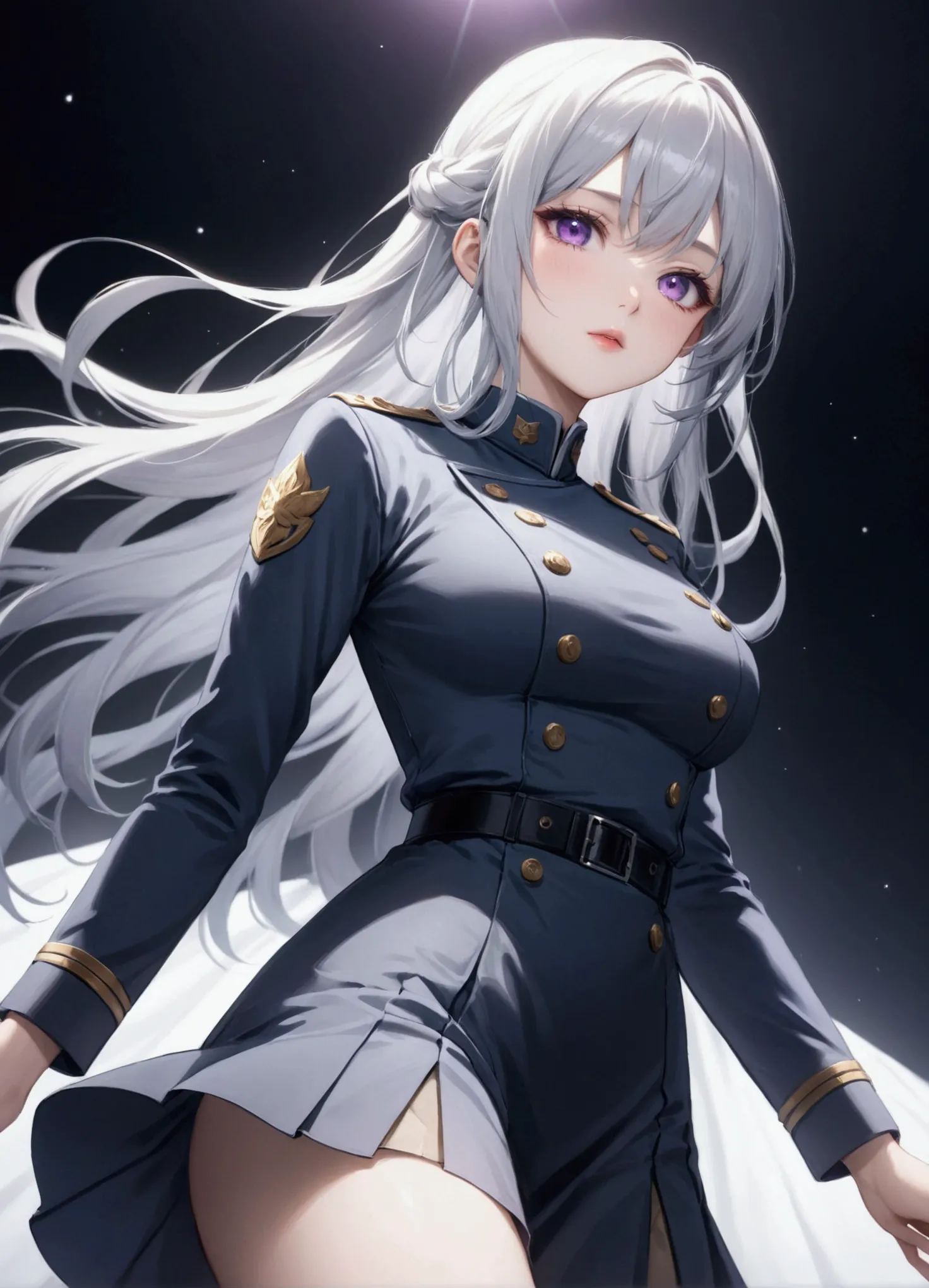 Highest quality、Delicate depiction、Beautiful woman、Silver Hair、Long Hair、Amethyst Eyes、Blue-gray military uniform、