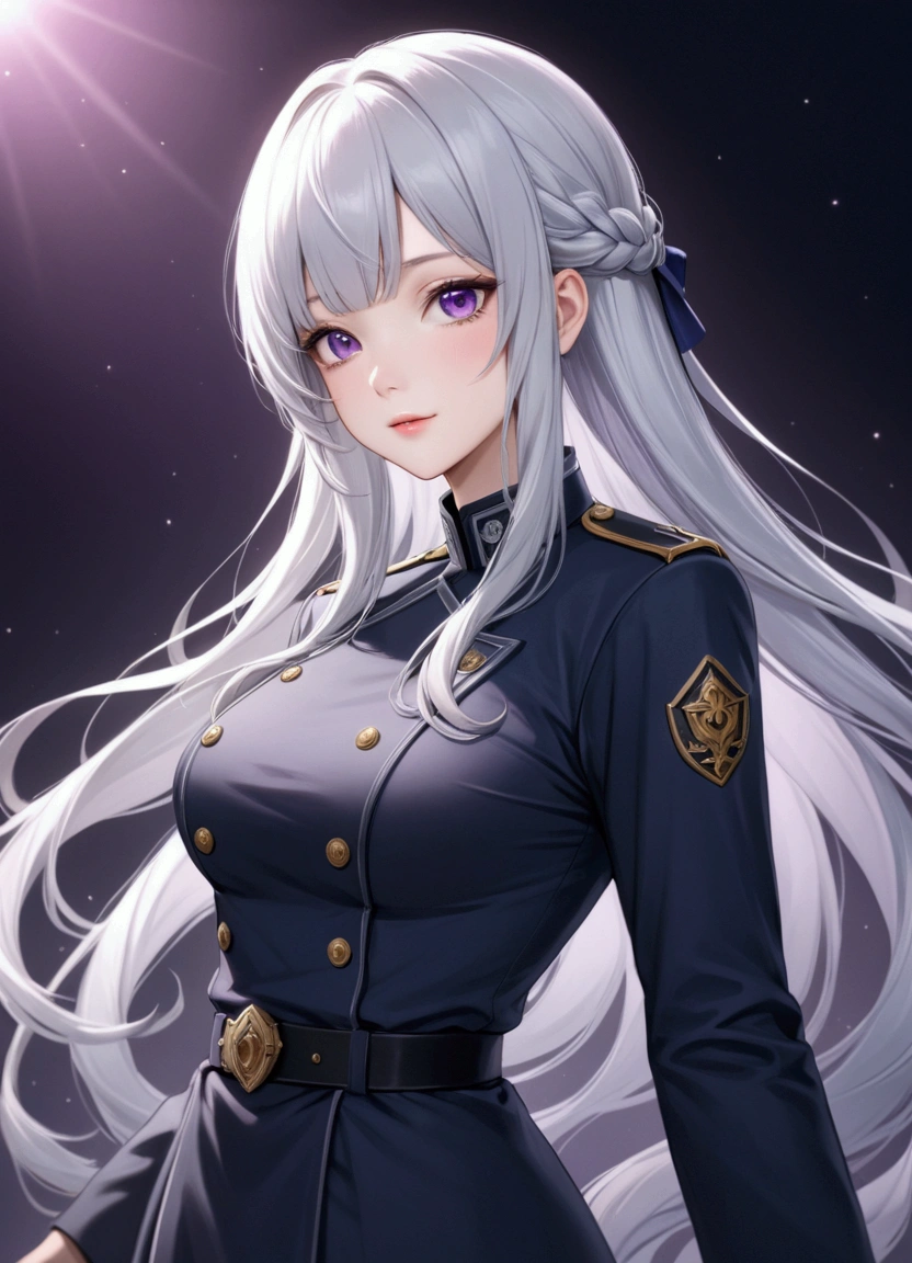 Highest quality、Delicate depiction、Beautiful woman、Silver Hair、Long Hair、Amethyst Eyes、Blue-gray military uniform、