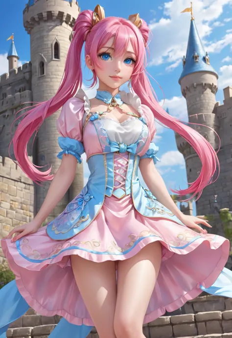 1 female　pink hair　pink eyebrows　light blue eyes　ponytail　social dress　inside the castle　idol pose