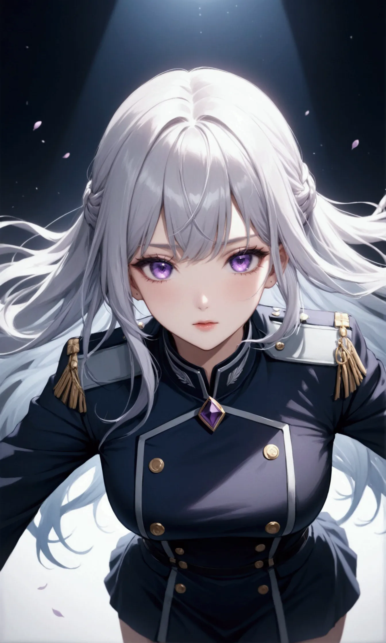 Highest quality、Delicate depiction、Beautiful woman、Silver Hair、Long Hair、Amethyst Eyes、Blue-gray military uniform、