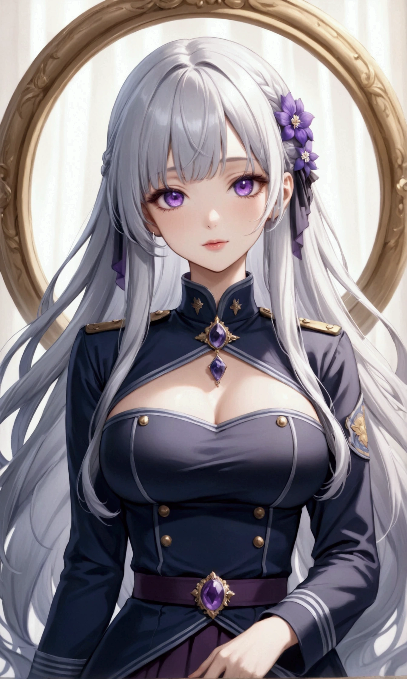 Highest quality、Delicate depiction、Beautiful woman、Silver Hair、Long Hair、Amethyst Eyes、Blue-gray military uniform、