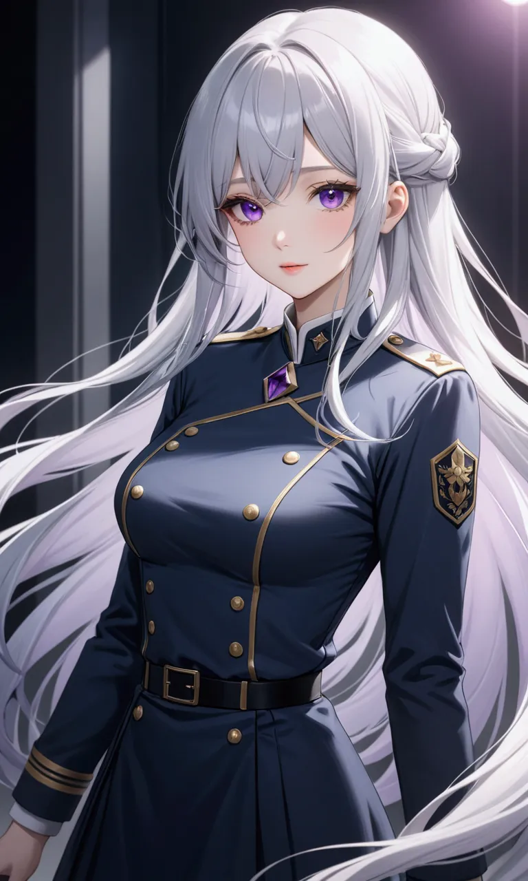 Highest quality、Delicate depiction、Beautiful woman、Silver Hair、Long Hair、Amethyst Eyes、Blue-gray military uniform、